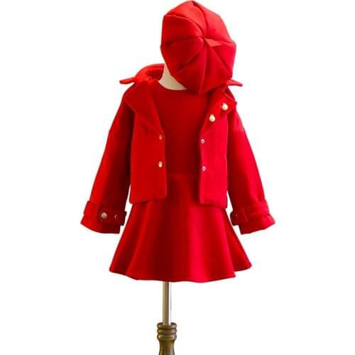 3pcs autumn Girls Woolen Clothes Sets Children long-sleeved thickened jacket Dress Hat Clothing Set Kids Princess Party Costume