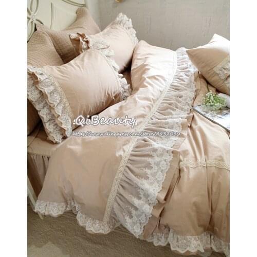 Khaki Lace Flounced Princess Thick Cotton Four-piece Set Bedding Kit Bedding Set Queen Size