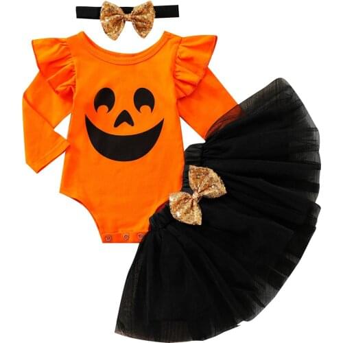 2021 3Pcs Toddler Halloween Outfits, Smile Face O-Neck Long Sleeves Romper + Tutu Skirt + Headband for Girls, 0-18 Months