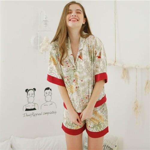 Summer Cotton Floral Printing Pajamas Short Sleeve Pyjamas Women Sexy Pijama Mujer Loungewear Home Clothes Sleep Set H888