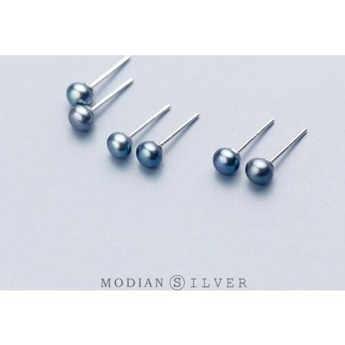 Modian Classic Elegant Black Pearl Stud Earrings for Women Real 925 Sterling Silver Simple Ear Stud Fine Jewelry Accessories