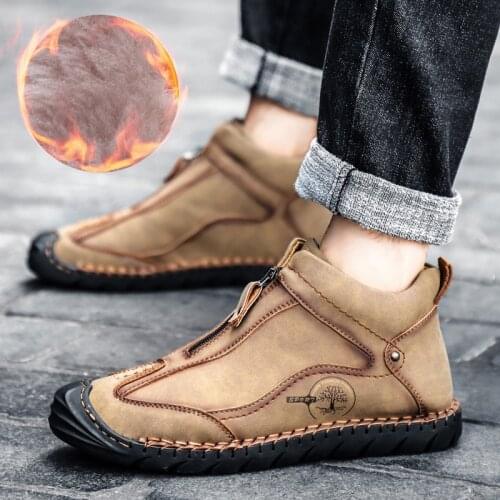 Winter Mens Boots Genuine Leather Mens Warm Fur Snow Boots Luxury Winter High Leather Brand Ankle Warm Men Motorcycle Boots