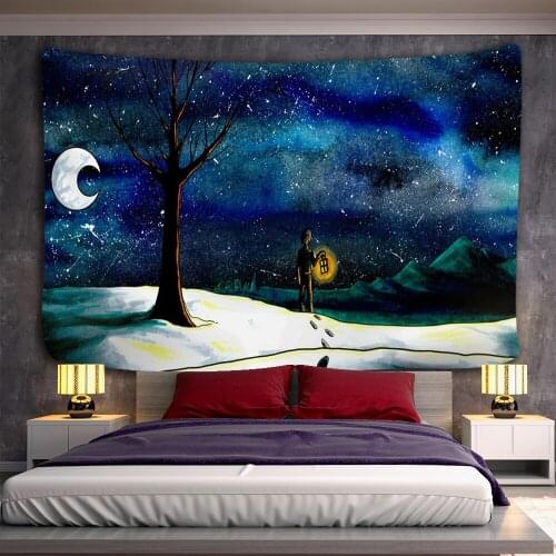 Lonely Moon Night Landscape Tapestry Wall Hanging Bohemian Hippie Painting Mysterious Psychedelic Decor Background Cloth