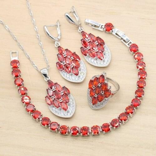 Silver Color Jewelry Sets For Women Wedding Red Cubic Zircon Earrings Pendant Necklace Bracelet Ring Christmas Gift 4PCS