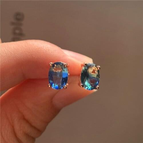 Rose Gold Silver Color Oval Stone Earrings Cute Female Crystal Stud Earrings Dainty Rainbow Zircon Wedding Earrings For Women