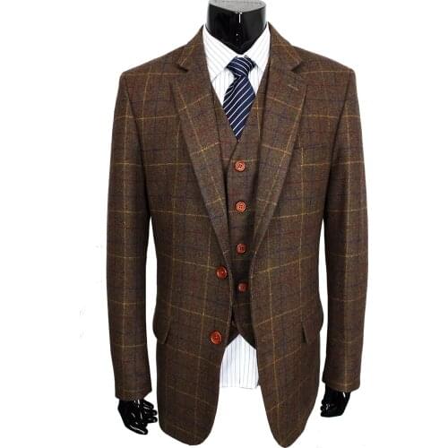 Wool Brown Classic Tweed Custom Made Men suit Blazers Retro gentleman style tailor made slim fit wedding suits for men 3 Piece