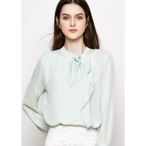 2019 New Real Silk Stand Collar T Shirt 100% Mulberry Silk Elegant Ruffers Loose Chiffon Top M L XL FREE SHIPPING