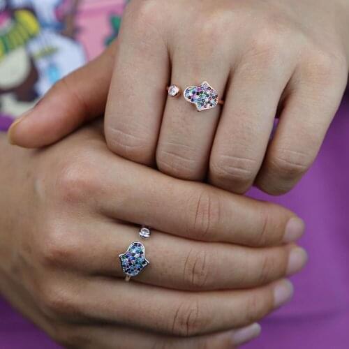 High quality rose gold color jewelry colorful rainbow cz paved hamsa hand fatimas fashion turkish lucky women adjustable rings