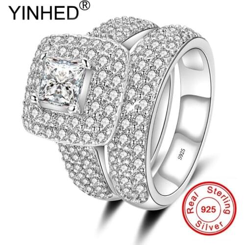 YINHED Luxury Vintage Jewelry 2pcs Engagement Rings Set Real 925 Sterling Silver AAA Zircon Bridal Wedding Couple Rings ZR518