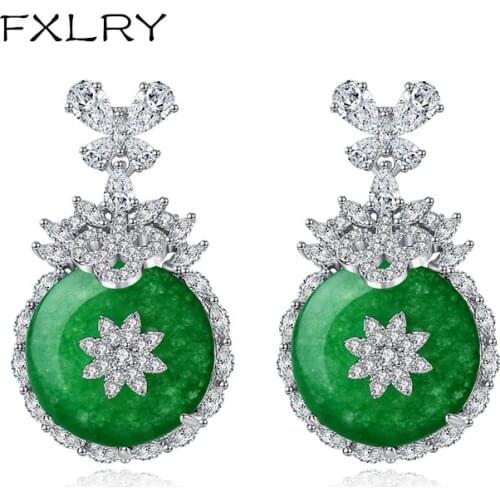 FXLRY High Quality CZ Elegant Green Stone Attractive stud earrings for Women Wedding Fashion Jewelry Gift