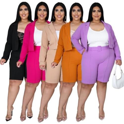 Plus Size Office Blazer Suit Two Piece Set 2021 Women Casual Shorts Trousers Lady Suits Elegant Chic Orange Outfits L~4XL