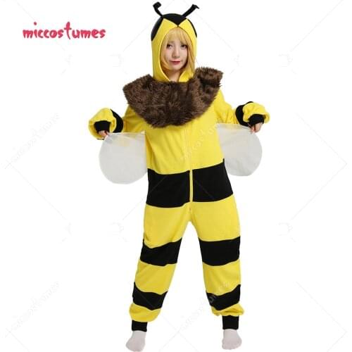 Halloween Women Cartoon Bee Pajama Kigurumi Outfits One Piece Cosplay Costume with Wings and Removable Collar