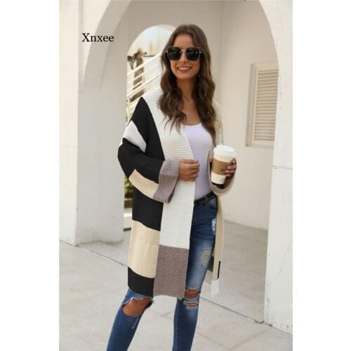 Winter Womens Cardigan Sweater Color Block Long-Sleeved Knitted Cardigan Oversized Clothes Coat Coat Coat