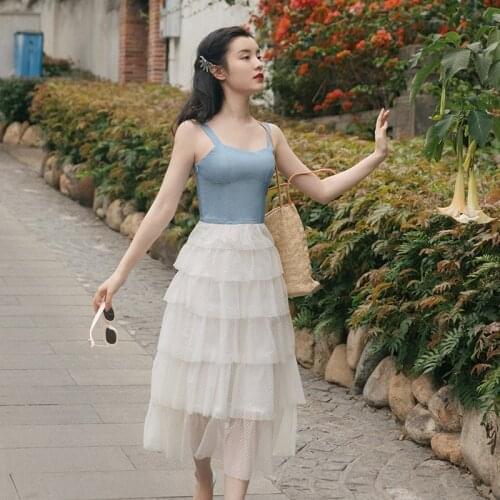 Retro Korean Design Female Sleeveless Strap Dress for Slim Sexy Women Summer Lace Patchwork Tank Dress Party Night Vestido Festa