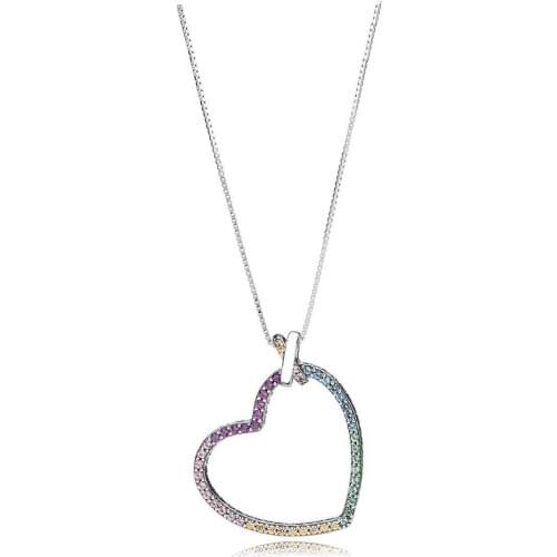 NEW 100% 925 Sterling Silver New Colorful Rainbow Heart Necklace For DIY ORIGINAL WOMEN Gifts FREE SHIPPING
