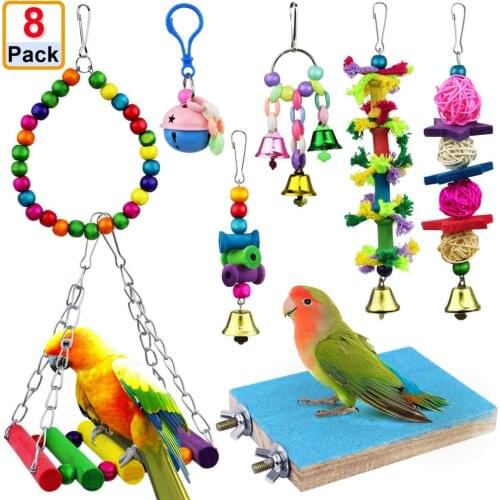 8Pcs Bird Parrot Toys Swing Chewing Hanging Bell Cage Hammock Toy for Small Parakeets Cockatiels Conures Parrots Love Birds