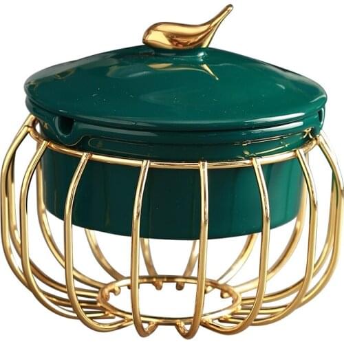 European Ceramic Dark Green Metal Ashtray Creative Luxury Room Coffee Table Anti Fly Ash Portable Ashtray Gift for Boyfriend New