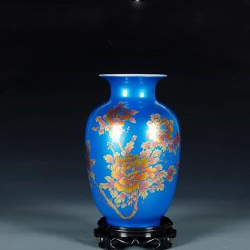 Chinese Style Gold Peony Flower Red Green Blue Crystal Pomelo Ceramic Vase for Home Decoration with wood base
