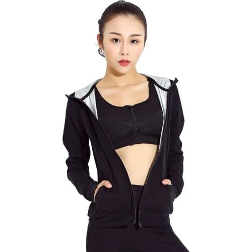 Sauna Suit Women Weight Loss Sweat Suits Workout Jacket Elastic Nylon Body Shaper Shirt Long Sleeve with Hood Front Zipper Tops