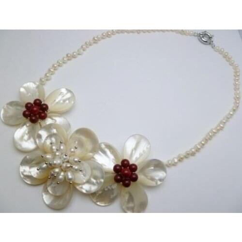 2019 Fashion Jewelry 3 Mother Pearl Shell Flower Double Leaf Red Necklace 20 inches