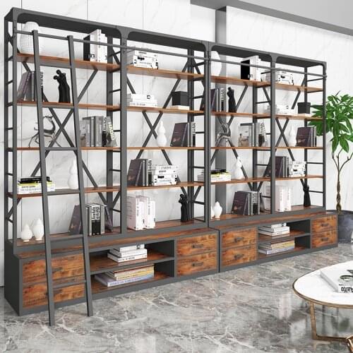 Bookshelf floor industrial wind wrought iron solid wood wall bookcase custom, partition shelf retro rack