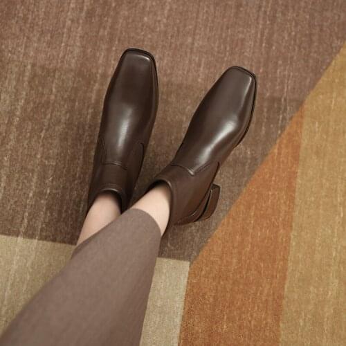 2021 New Women Shoes Stretch Slip-on Women Boots Winter Med heel Ankle Boots for Women Genuine Leather Womens Chunky Boots