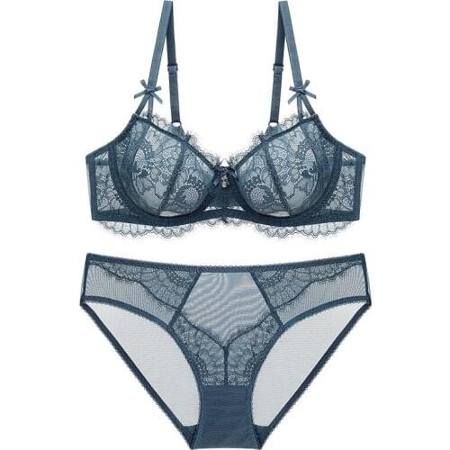 New Ultrathin Underwear Set Women Bras Plus Size D E Cup Embroidery Sexy Bra Set Transparent Green Eyelash Lace Lingerie Set