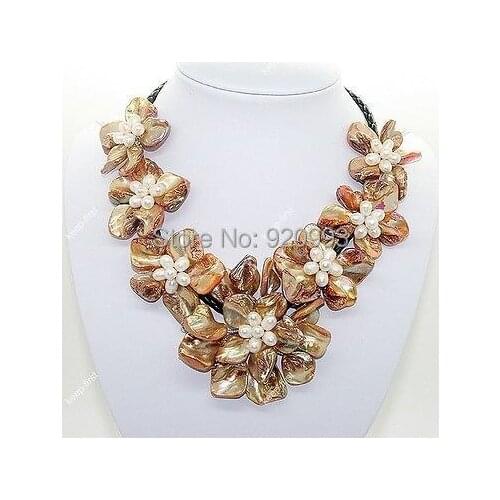 Wholesale Free P&P***pretty golden mother of pearl shell weave flower pendant necklace 18" jewelry