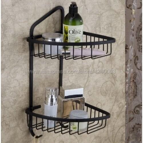 Bathroom Shelves Black Color Brass Material With Robe Hook 2-Tier Bathroom Storage Basket Wall Mounted Bathroom Shelf Kba067