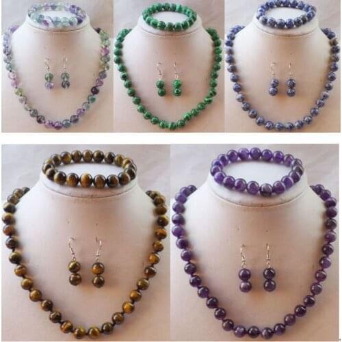 Hot stunning 10 mm variety of gemstone necklace bracelet earrings suit 18"/7.5"