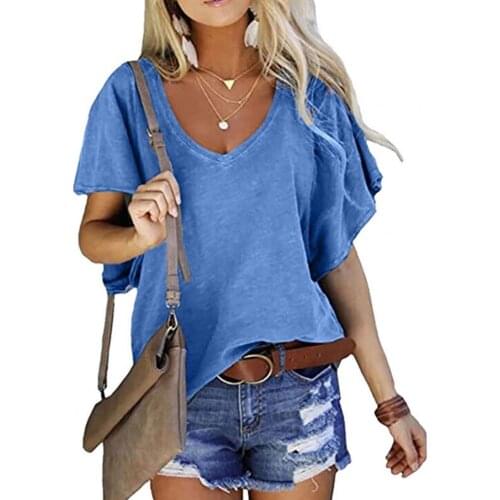 Plus Size Female T-shirt Casual Ruffled Sleeve V Neck Solid Color Loose Daily Wear Elegant Women T-shirt Tops Tee