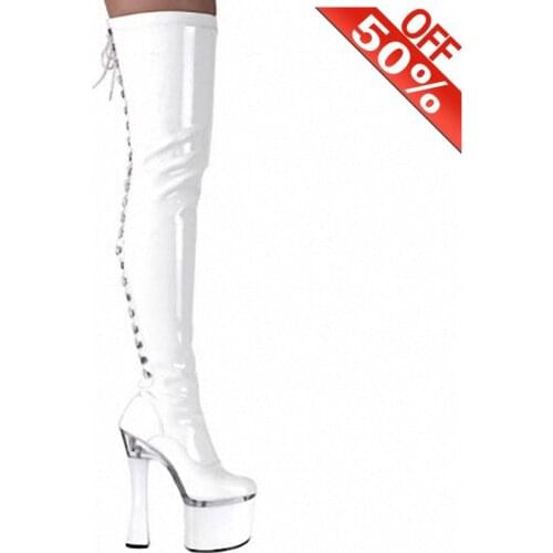 18Cm High Heel Boots Chunky Heels Waterproof White Knee High Boots Lace Up Patent Leather 8 Inch Round Toe Fashion Pole Dancing
