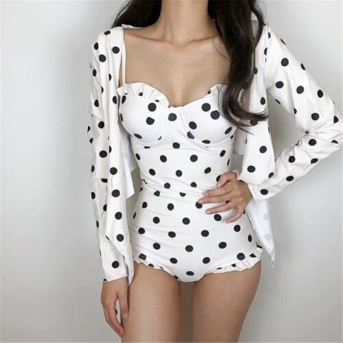 Sexy Push Up One Piece Swimsuit Women Dot Swimwear Backless Monokini Cover Up Swim Suit Long Sleeve Trikini Pad Bathing Suit