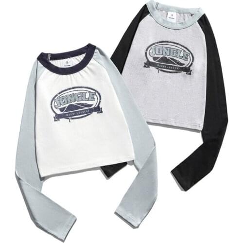 Spring and Autumn Color Matching Long Sleeve Round Neck Mens T-shirt Lovers Letter Printing Academy Style Womens Bottom Coat