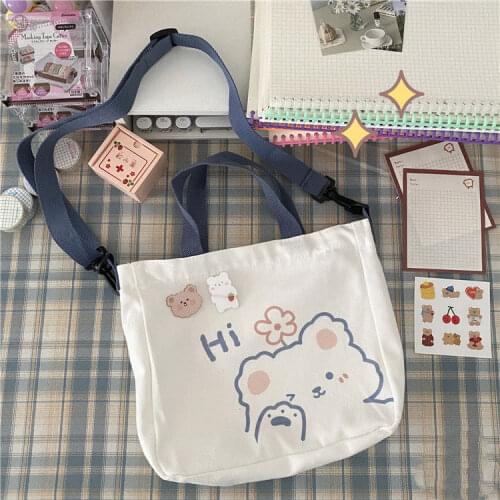HOUZHOU Crossbody Bag Women Shoulder Anime Bear Handbags Messenger Lolita Kawaii Japanese Harajuku Canvas Beach Shoppers