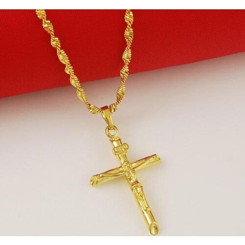 High Quality 24K Gold Color Plated Cross Pendant Necklaces Gold Color Chain Woman Necklaces Jewelry Wholesale