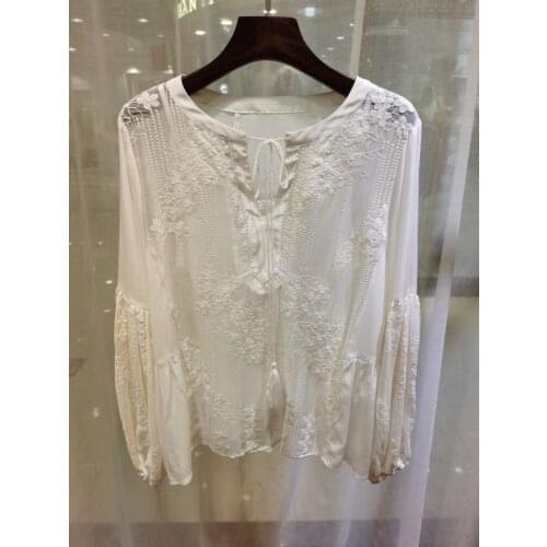 Autumn Women Sweet Long Sleeve Shirt Runway Designer Ladies Leisure Floral Embroidery White Silk Blouse Tops 2020