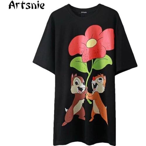Artsnie Summer 2021 Disney Cartoon T Shirt Women O Neck Short Sleeve Oversized Tops Streetwear Black Gray Knitted T-shirts Femme