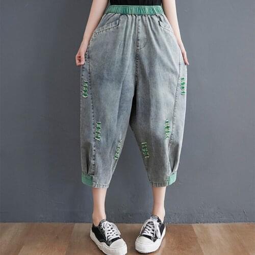 Women Summer Casual Boyfriend Jeans New 2021 Fashion Street Style Elastic Waist Loose Female Calf-length Denim Pants B026