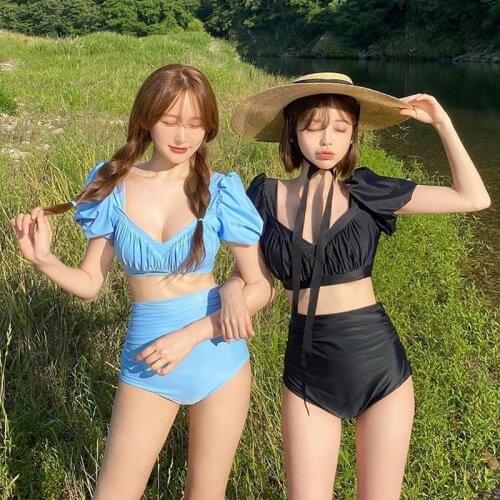 2021 New Korean Style Womens Swimsuit Two Piece Solid Color V-Neck Puff Sleeve High Waist Back Bow Summer Swimming Suit