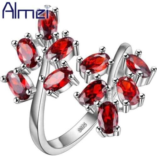 Almei Red Rings For Women Resizable Female Ring with Stones Silver Color Wedding Jewelry Girl Gifts Dopshipping 15% Off J681