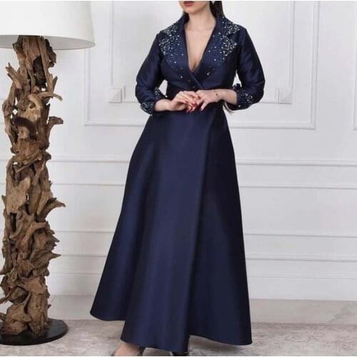 2021 Vintage Evening Dresses Pluning V Neck Beaded Long Sleeve A Line Dark Navy Mother Dresses