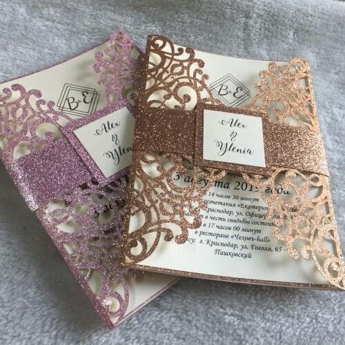 20pc Laser Cut Party glitter rose gold Birthday Invitations Card,customize ribbon buckle,glitter inside envelope,print band tag