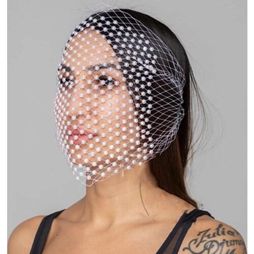 White Headband Veil Full Pearls Hair Clip Decorative Mask Headdress Wedding Jewelry Accessories Elegant Bridal Headwear Veil
