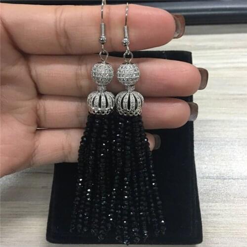 Bohemia Black Beaded Tassel Earrings Paved CZ Ball Drop Long Earring Woman Party Tassel Earring Statement