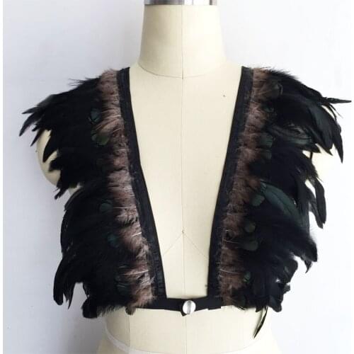 Boho black feather bralette with goth body harness, hippy gypsy lingerie, festival rave cage bra, feather wings Lingerie