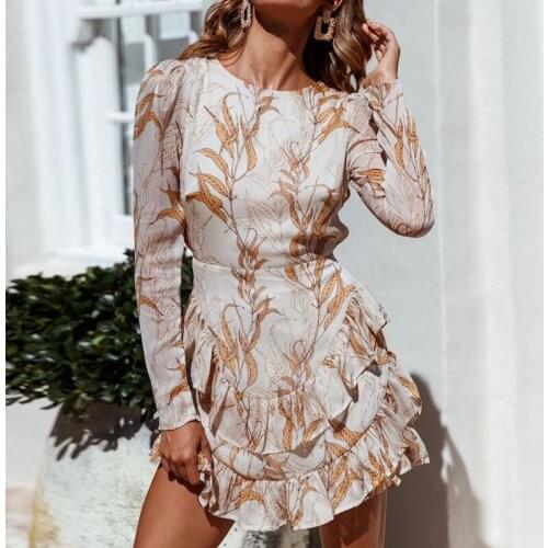 Elegant Women Dress Boho Summer Hot Sexy Backless Print O-Neck Ladies Chiffon Dress Long Sleeve Ruffle Short Mini Dress Vestido