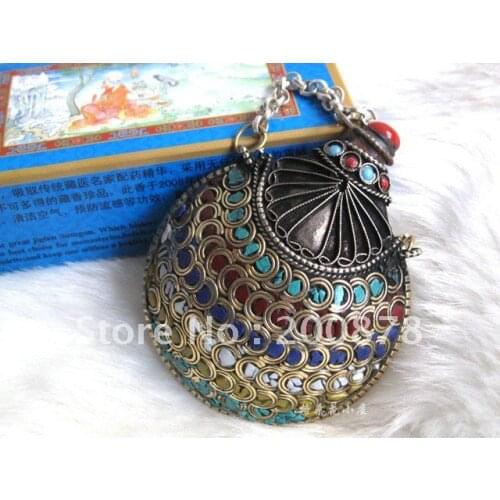 HDC0794 Nepal Fork handicraft,Tibetan large snuff bottle,90*75mm,Tibet big pendants,brass inlaid colorful stone clips