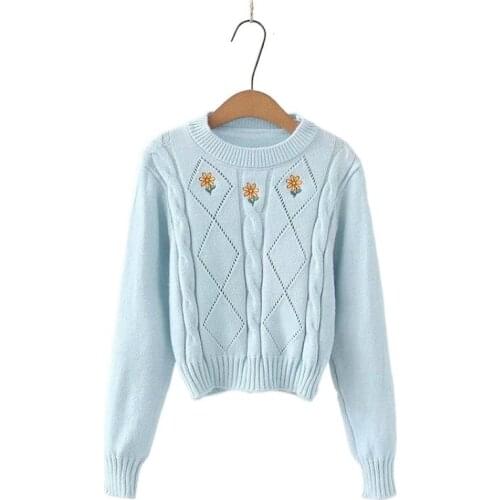 Floral Embroidery Twisted Flower Knitted Crop Top Women Short Sweater 2021 Winter Full Sleeve O-neck Korean Female Knitwear
