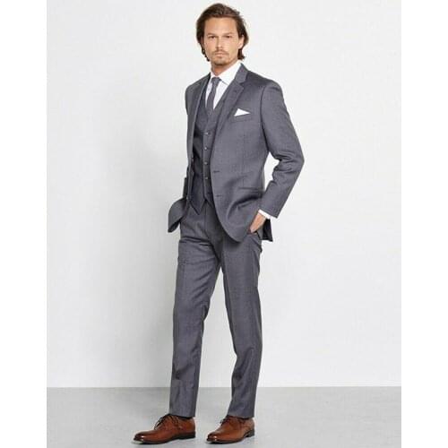 Mens Gray Classic 3 Pieces Suits Formal Business 2 Button Office Slim Fit Wedding Tuxedos (Jacket+Vest+Pants) Groom Wear Terno